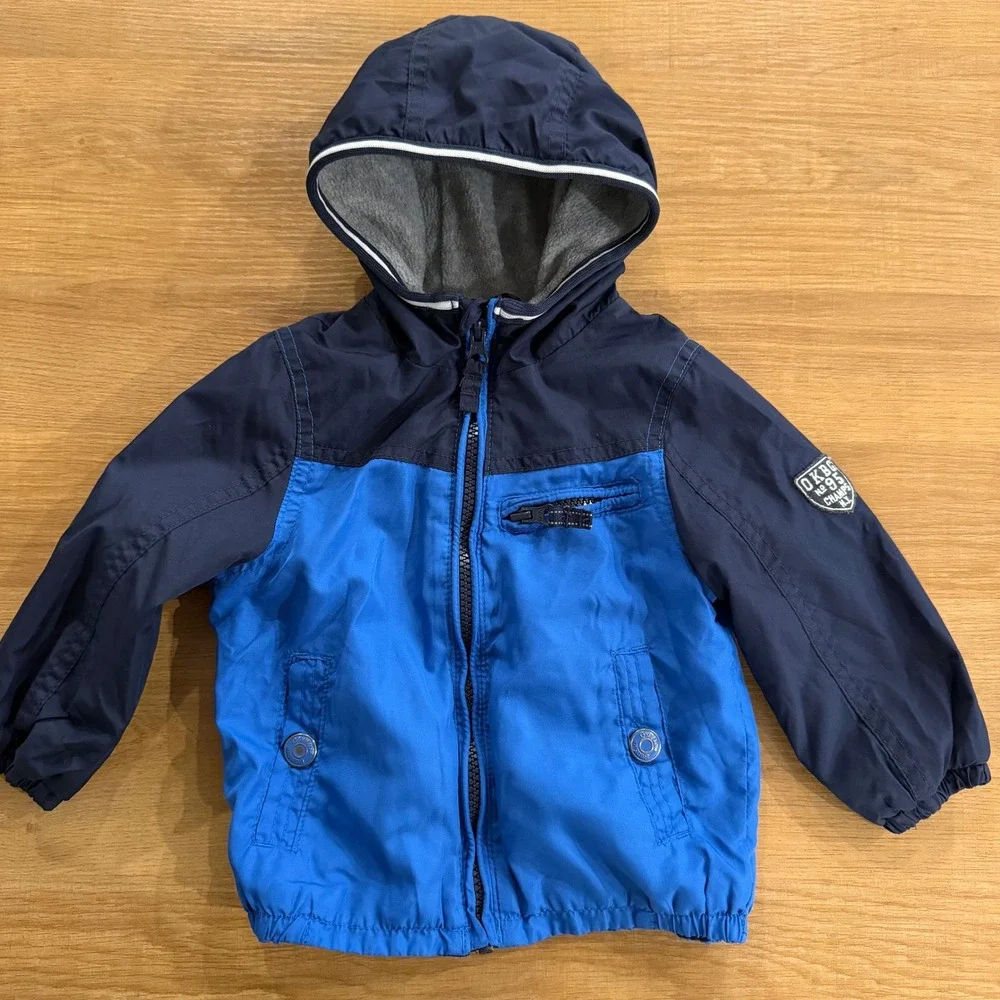 OshKosh Bgosh Boys Blue Colorblock Fleece‎ Lined Hooded Windbreaker Jacket 12M